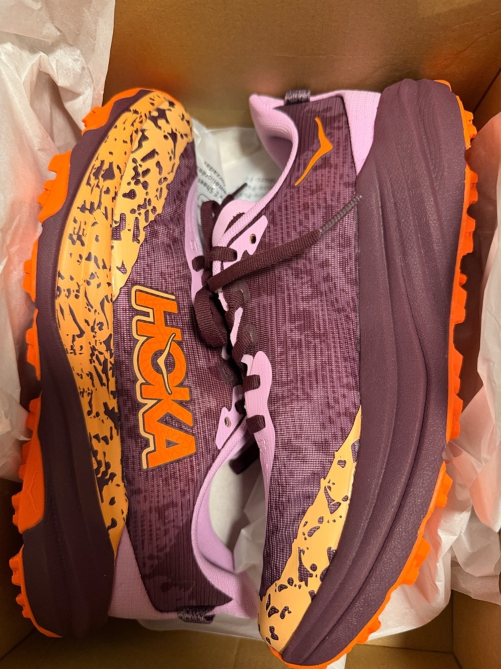 Hoka Trail Shoes in Plum and Bright Orange